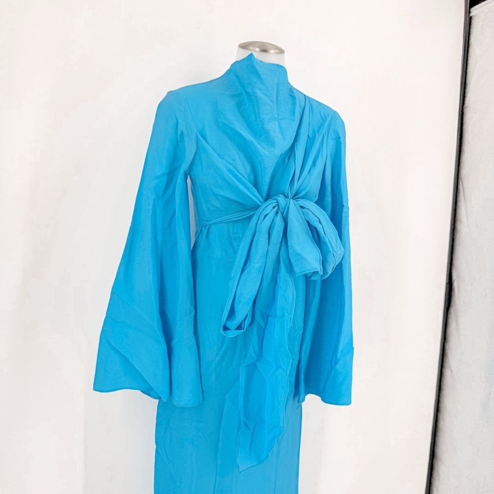 ASOS DESIGN high neck maxi dress with wrap waist and fluted sleeve in turquoise - Picture 4 of 12